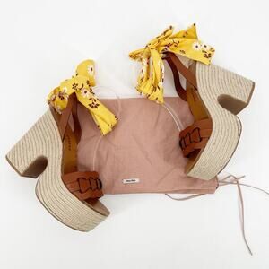 Miu Miu Floral Silk Scarf Ankle Tie Leather Platform Espadrille Sandal IT 37.5